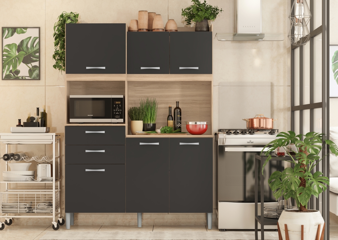 Kit Cozinha Andrey 6 Portas 2 Gavetas Avena Grafito
