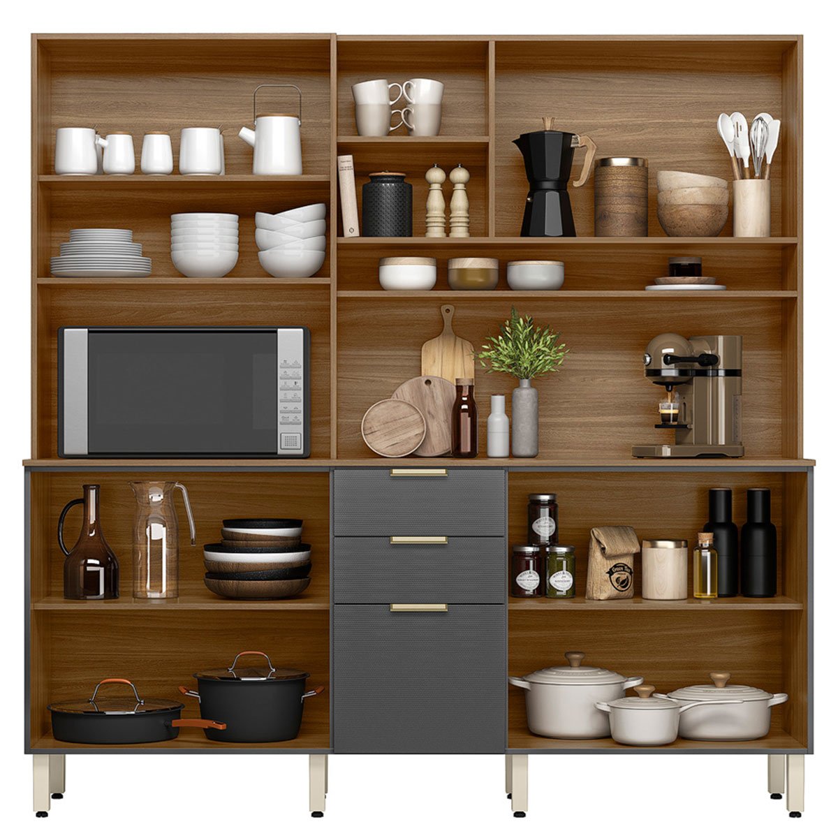 Kit Cozinha Compacta 10 Portas 2 Gavetas Ruby Amêndola/Grafito