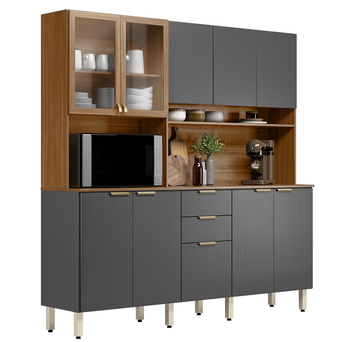Kit Cozinha Compacta 10 Portas 2 Gavetas Ruby Amêndola/Grafito