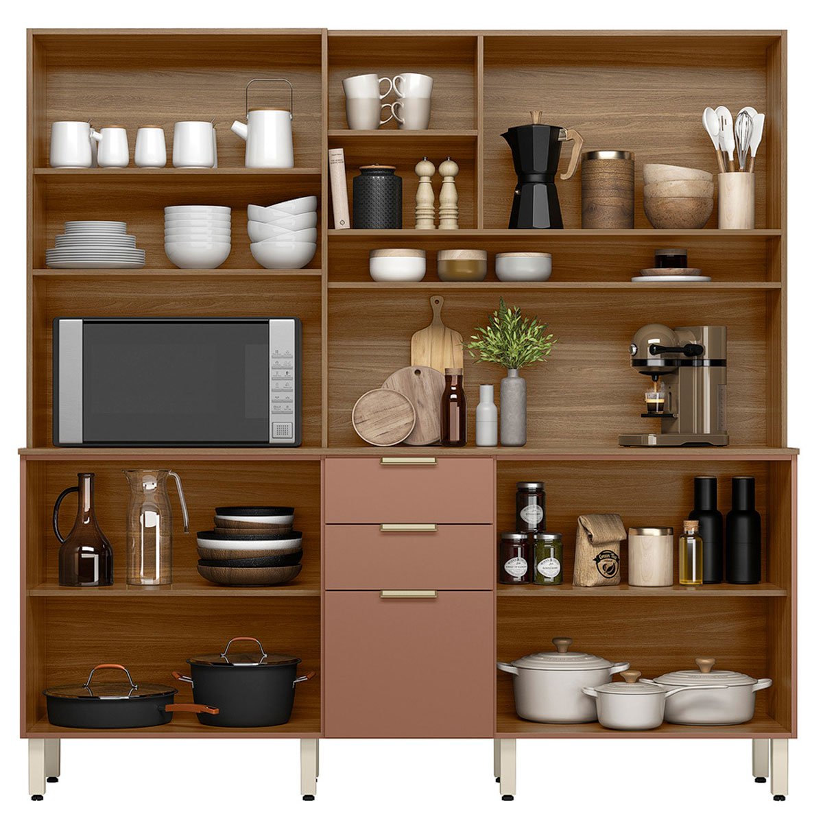 Kit Cozinha Compacta 10 Portas 2 Gavetas Ruby Amêndola/Marsala