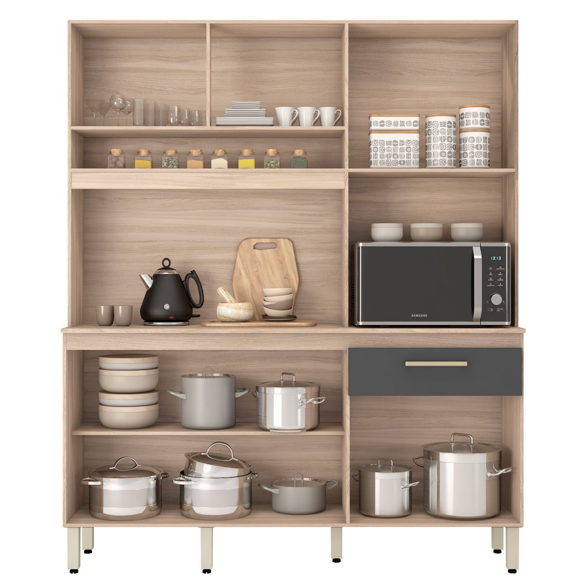 Kit Cozinha Compacta 6 Portas 1 Gaveta Alano Avena/Grafito