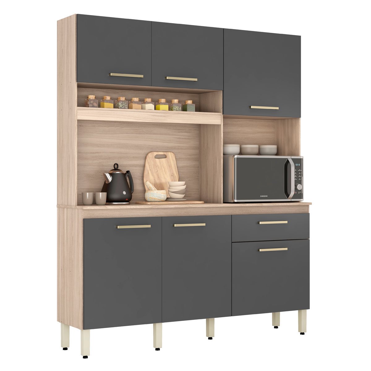 Kit Cozinha Compacta 6 Portas 1 Gaveta Alano Avena/Grafito