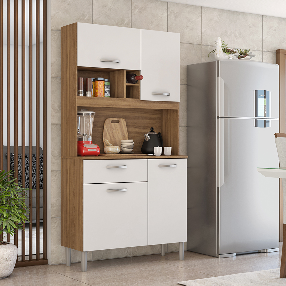 Kit de Cozinha Malta 4 Portas 1 Gaveta Amêndola e Branco