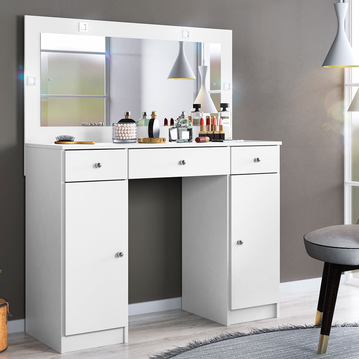 Penteadeira Camarim 2 Portas e 3 Gavetas com Espelho Elegante Branco