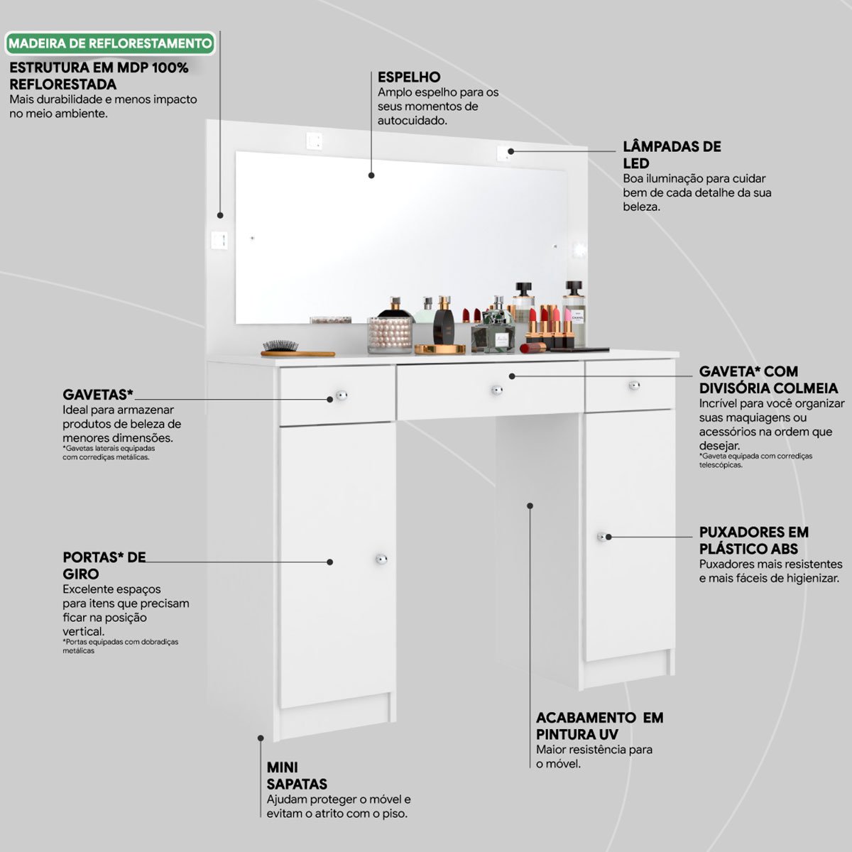Penteadeira Camarim 2 Portas e 3 Gavetas com Espelho Elegante Branco