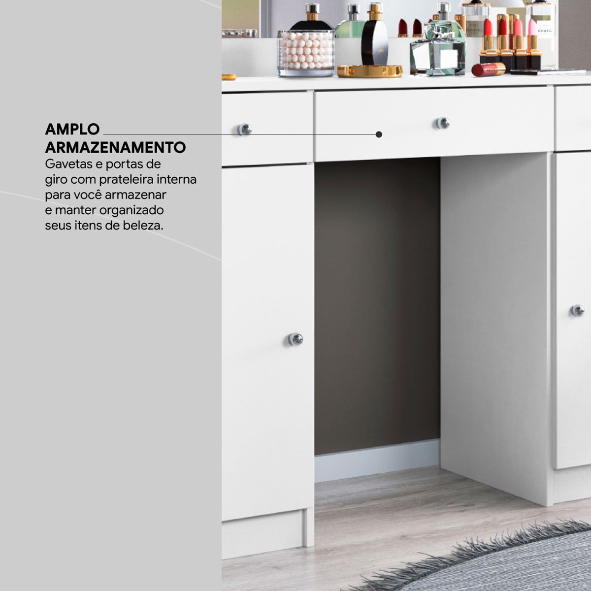 Penteadeira Camarim 2 Portas e 3 Gavetas com Espelho Elegante Branco