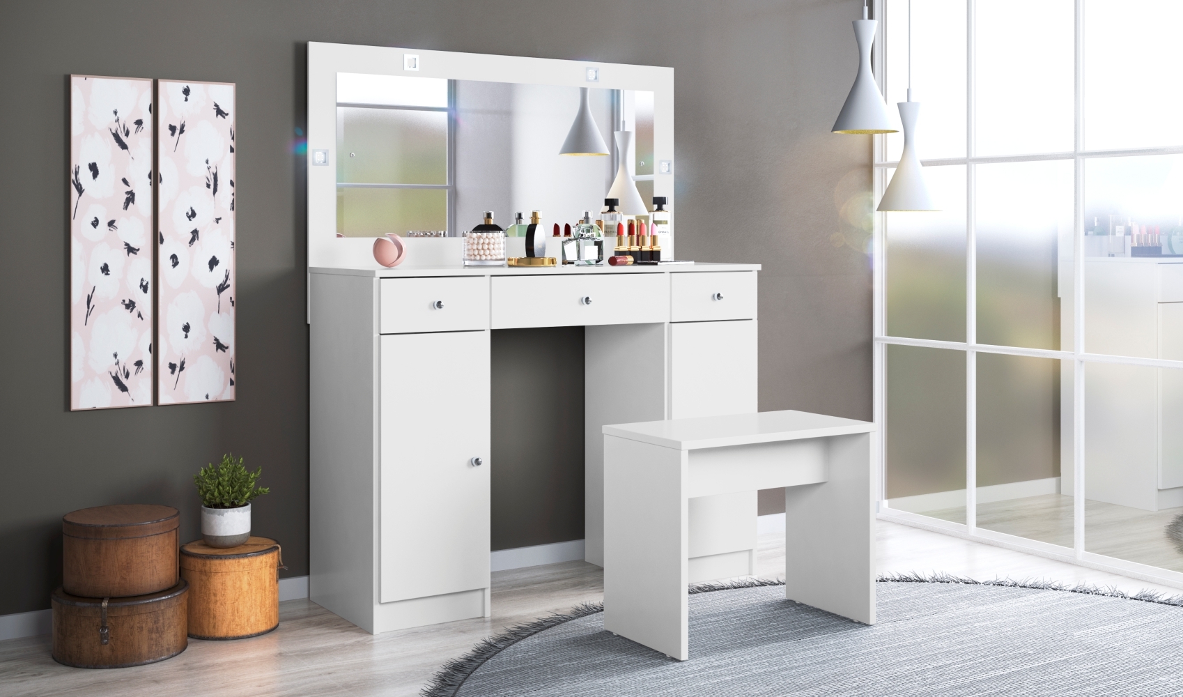 Penteadeira com LED Bailey Branco com Banqueta