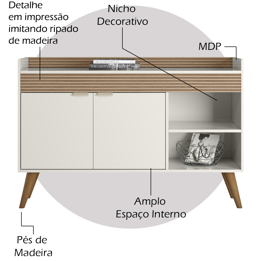 Balcao Aparador Buffet 120 cm 2 Portas Off White Madeira Dmad