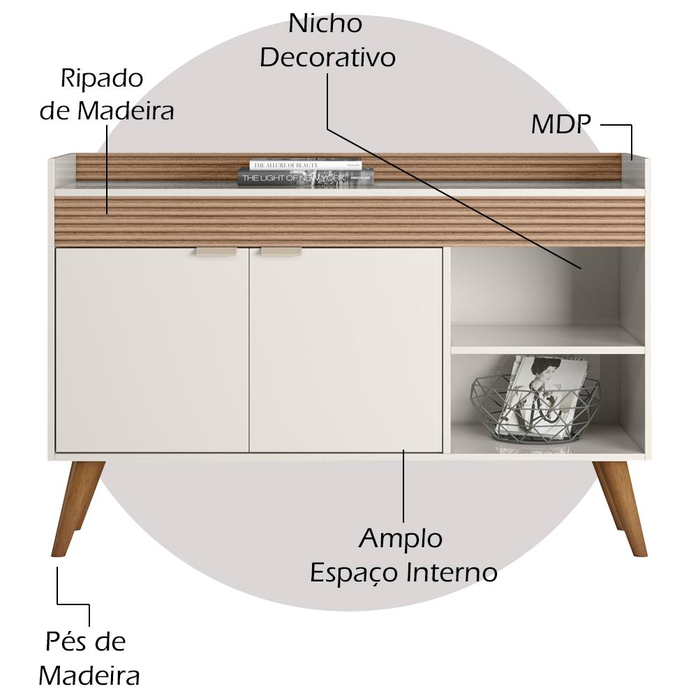 Balcao Aparador Buffet 120 cm Off White Cristal Ripado Madeira Dmad