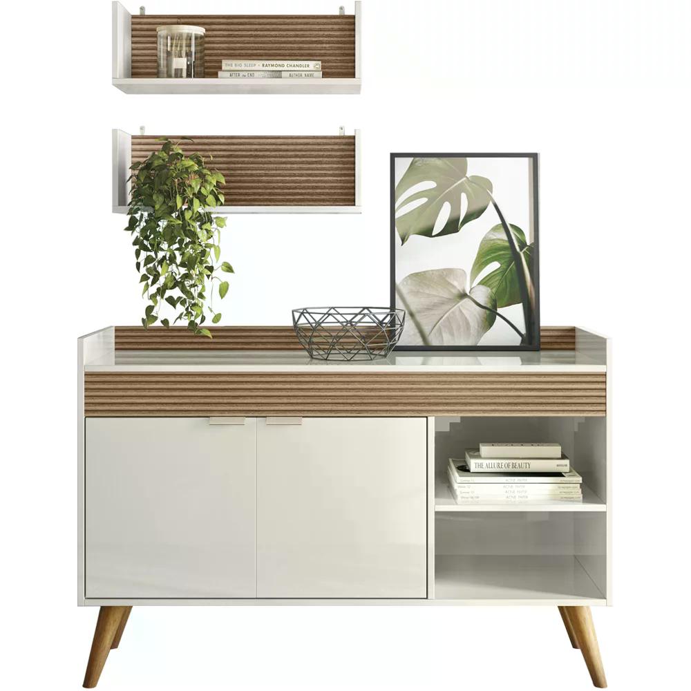 Conjunto Aparador E Nichos De Parede Off White Cristal Ripado Madeira Dmad
