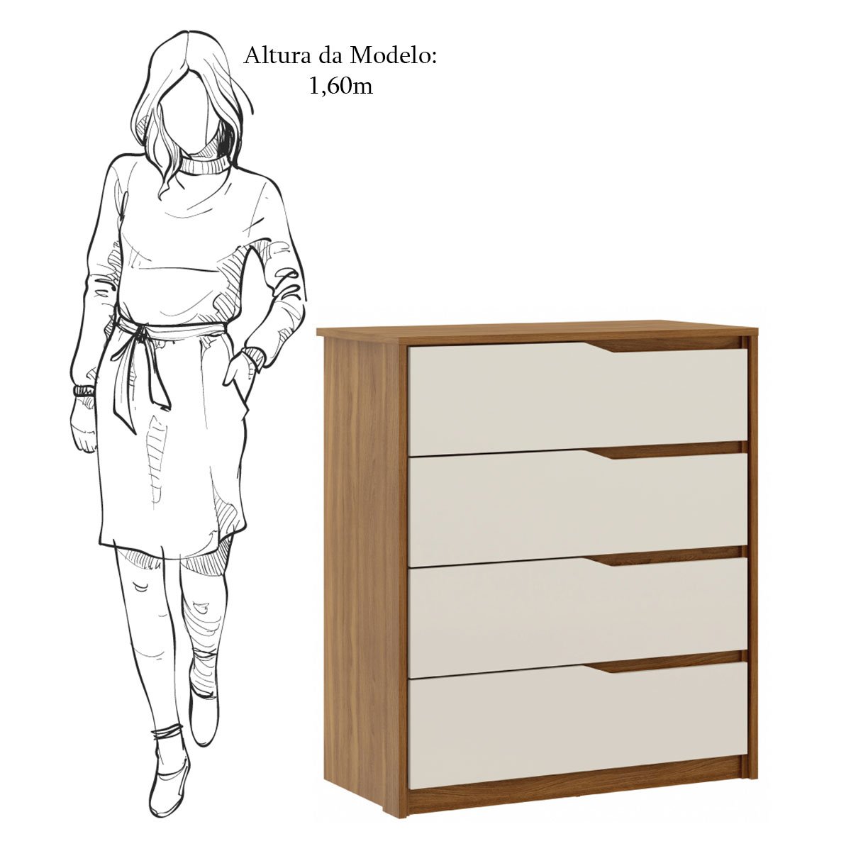 Cômoda para Quarto 4 Gavetas com Puxadores Usinados Aria Amêndola/Off White