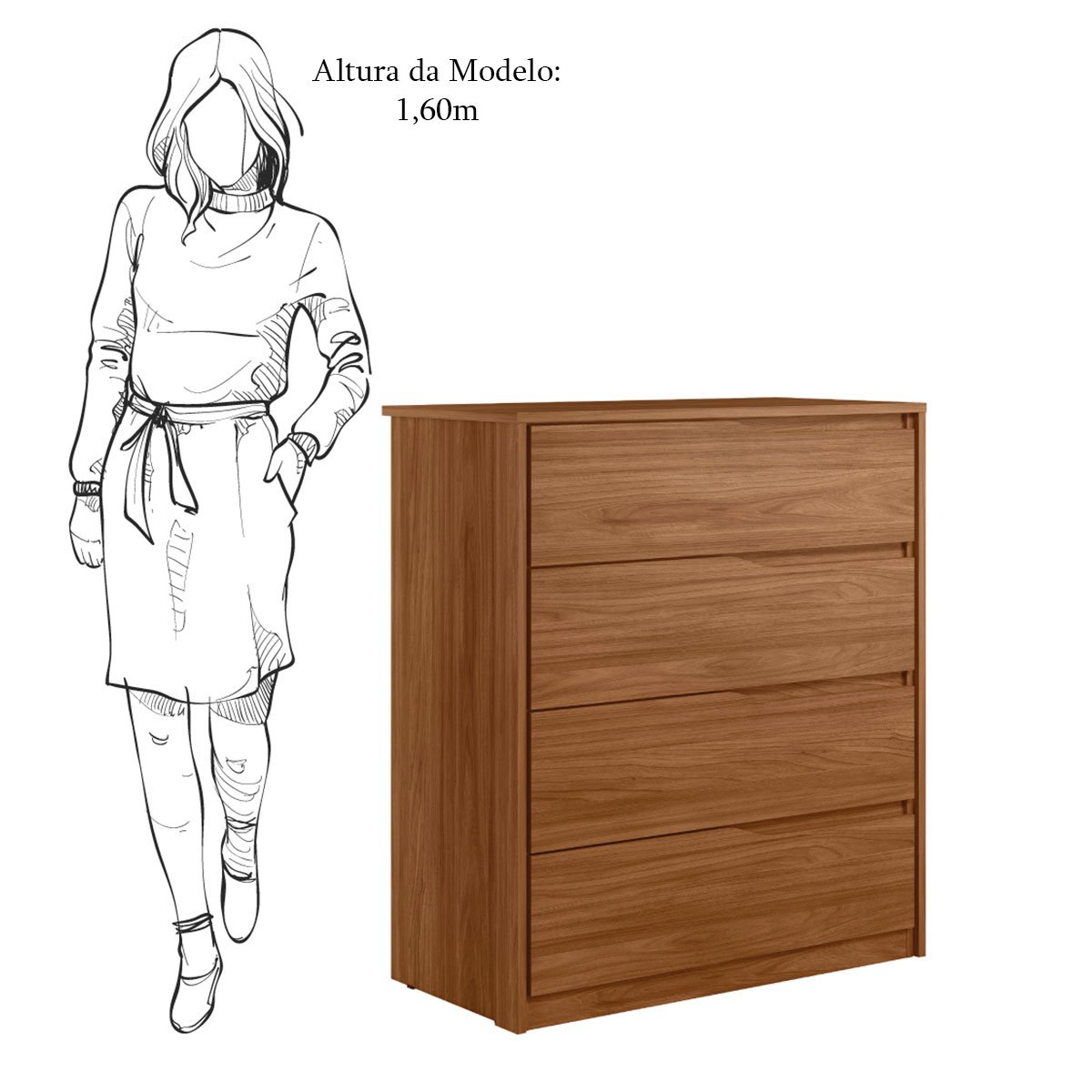Cômoda para Quarto 4 Gavetas com Puxadores Usinados Aria Nogueira