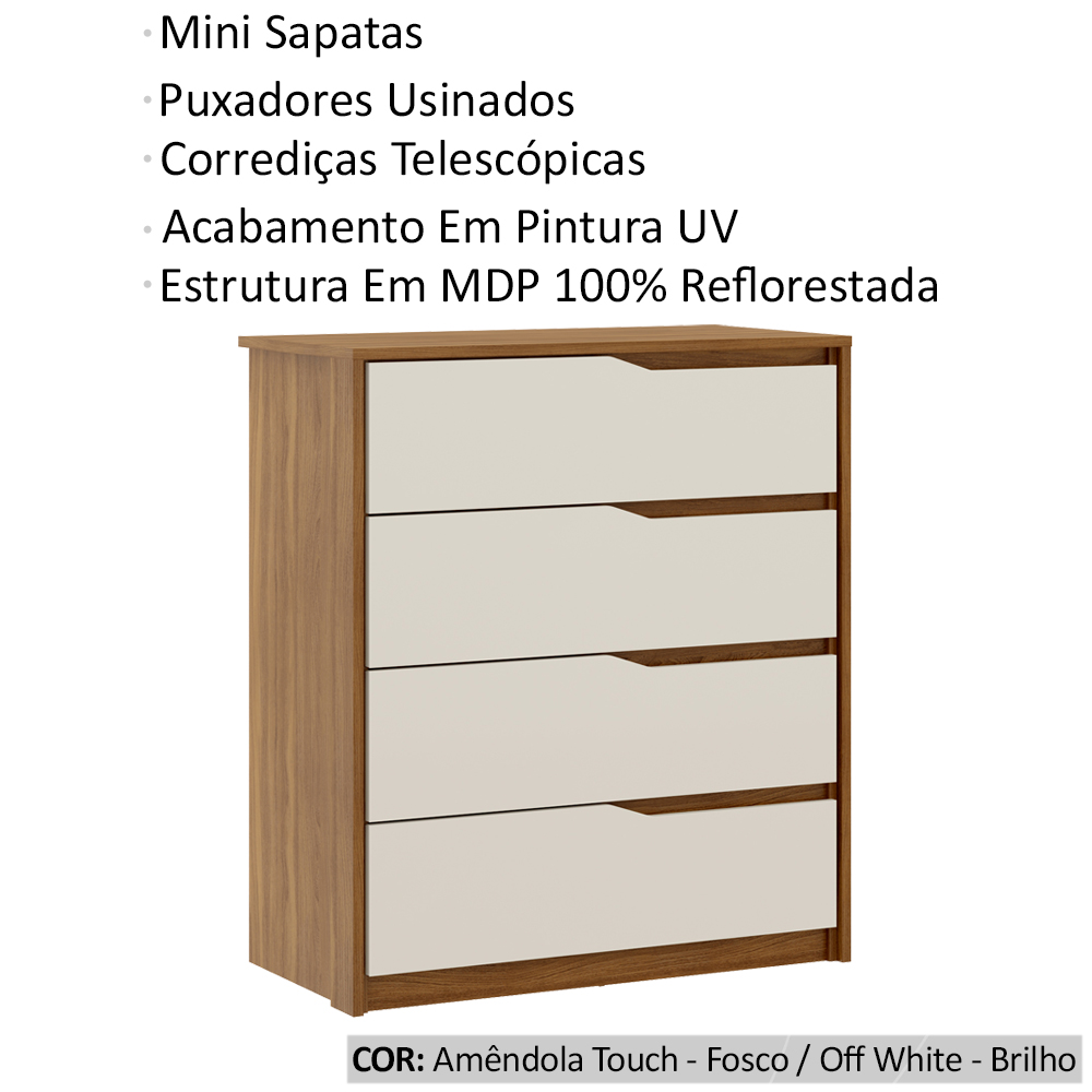 Comoda 04 Gavetas Corrediças Telescopicas Atria Amendola Touch Off White Demartez