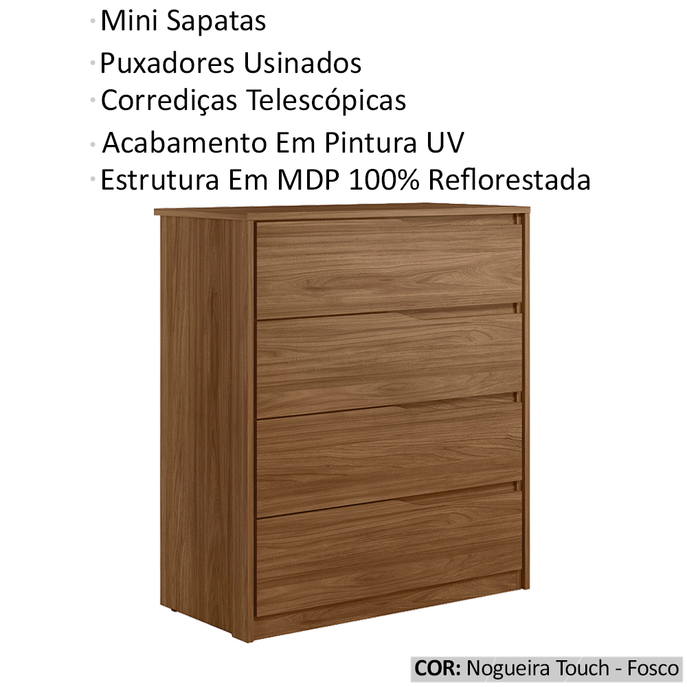 Comoda 04 Gavetas Corrediças Telescopicas Atria Nogueira Touch Demartez