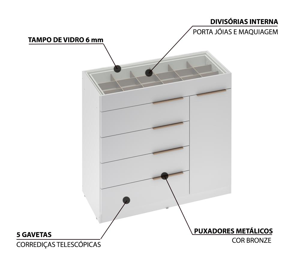 Comoda Porta Joia Tampo Vidro 5 Gavetas Corrediças Telescopicas Lume Branco Demartez