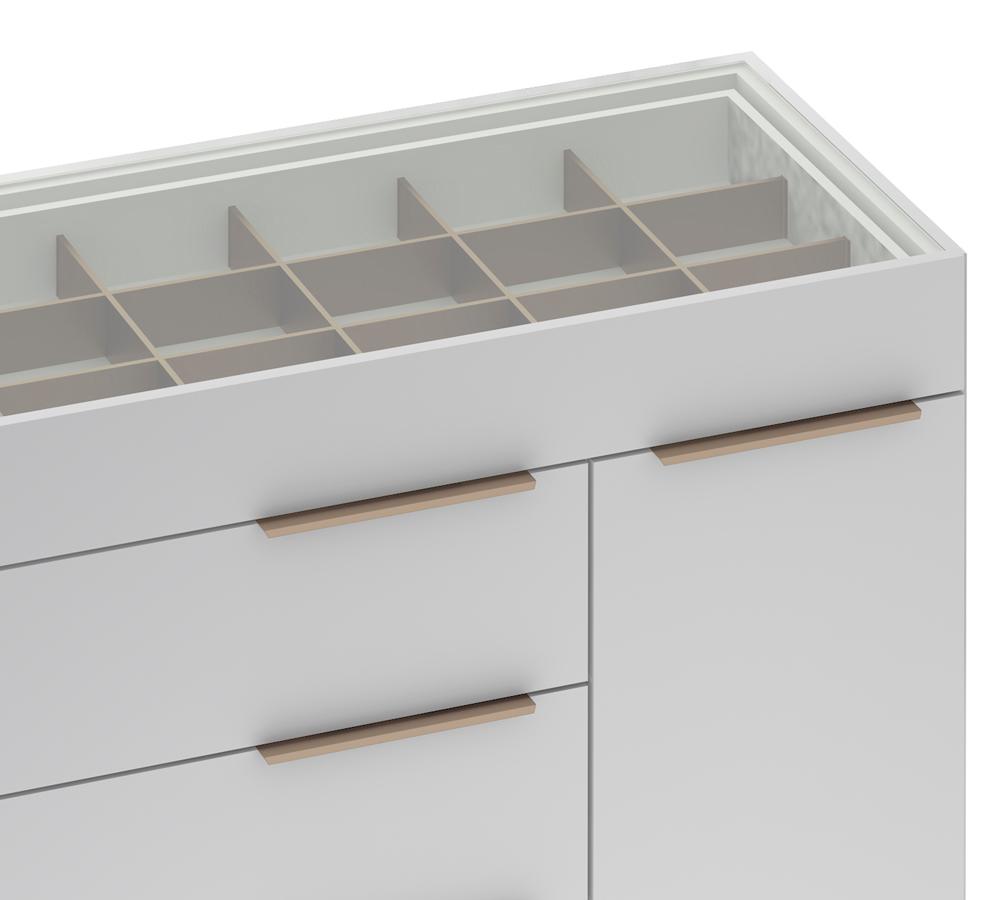 Comoda Porta Joia Tampo Vidro 5 Gavetas Corrediças Telescopicas Lume Branco Demartez