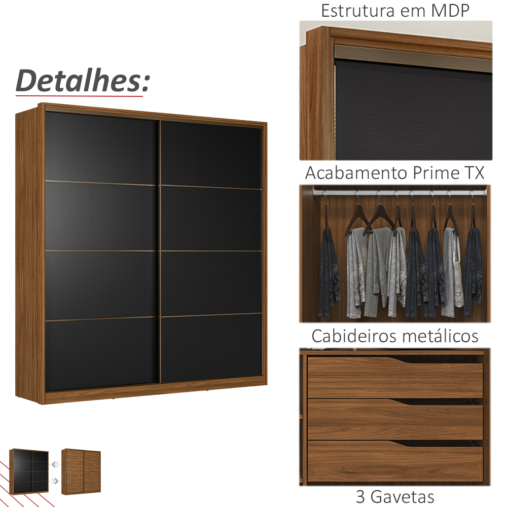 Guarda Roupa Casal 2 Portas De Correr Belga Nogueira Preto Flex Demartez