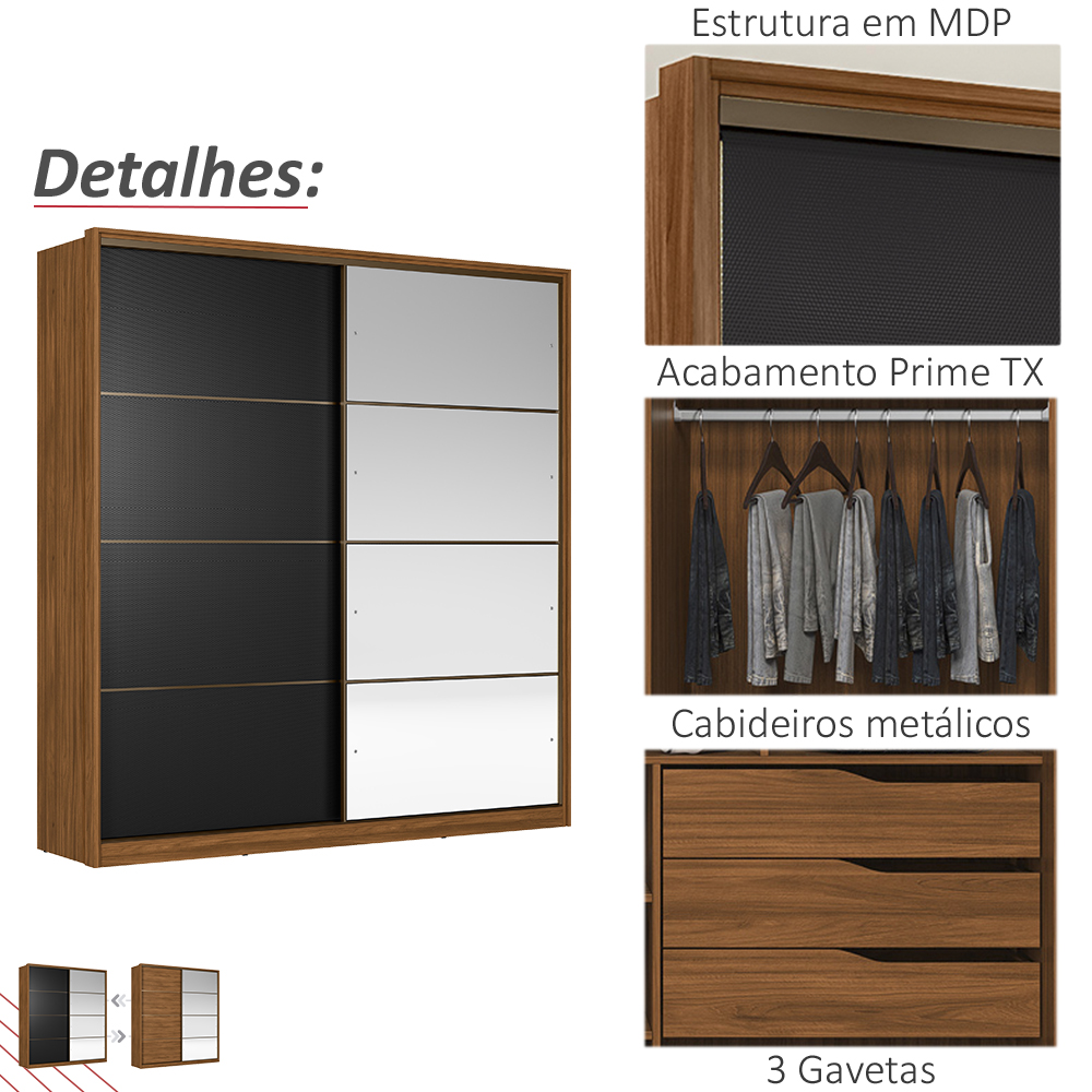 Guarda Roupa Casal Portas De Correr Com Espelho Belga Nogueira Preto Flex Demartez