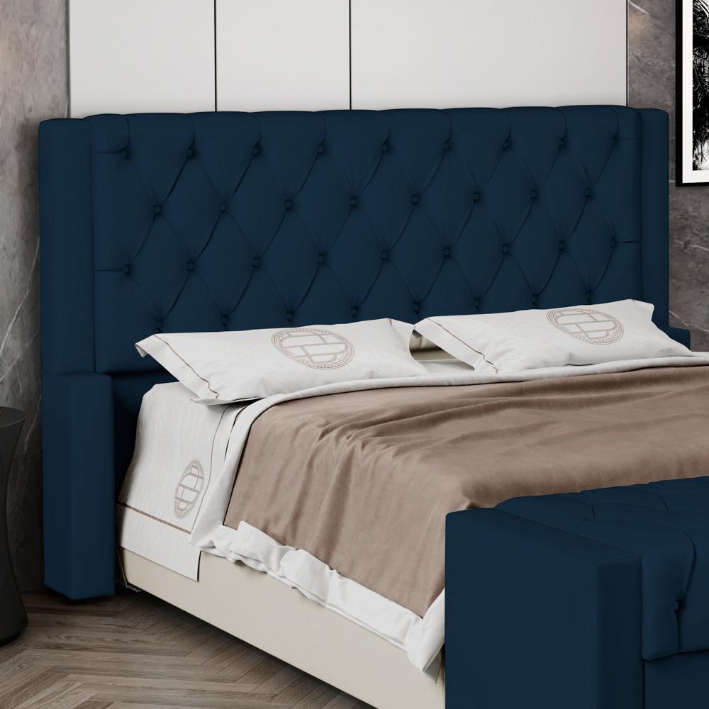 Cabeceira Atena Para Cama Box Queen Size 160cm Capitonê com Frame Veludo Azul Marinho - Desk Design