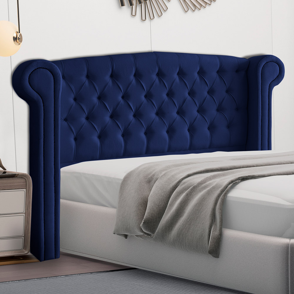 Cabeceira Cama Box Casal King Size Adelle 195cm Com Frame Veludo Azul Escuro - Desk Design