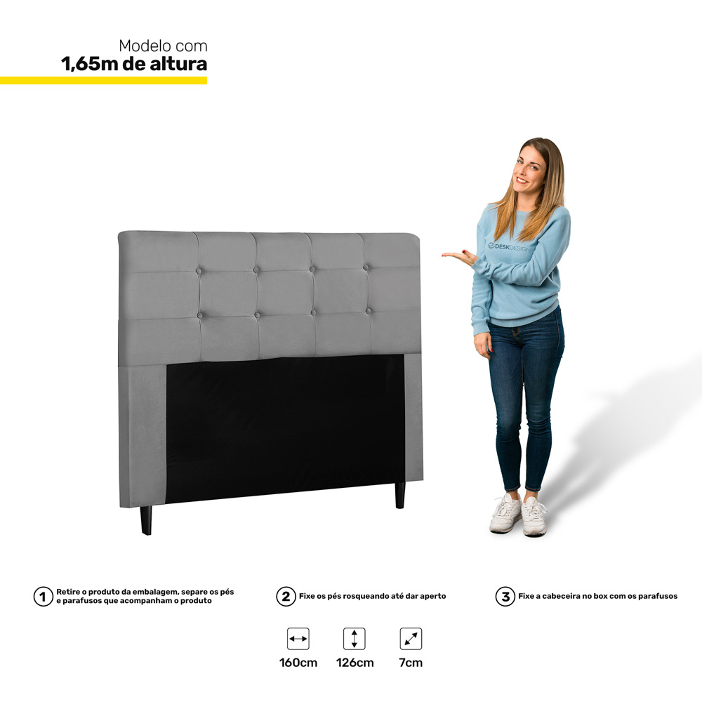 Cabeceira Cama Box Casal Queen Luna 160cm Suede Cinza - Desk Design