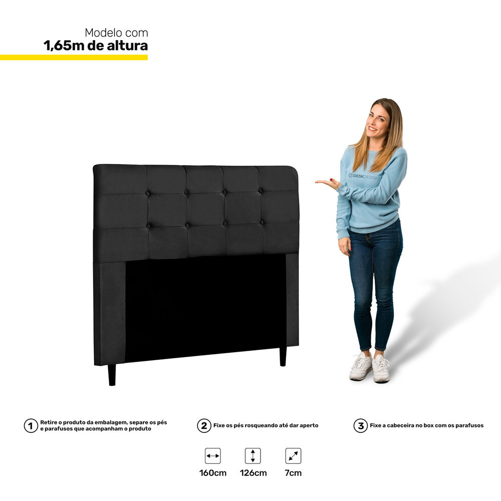 Cabeceira Cama Box Casal Queen Luna 160cm Suede Preto - Desk Design