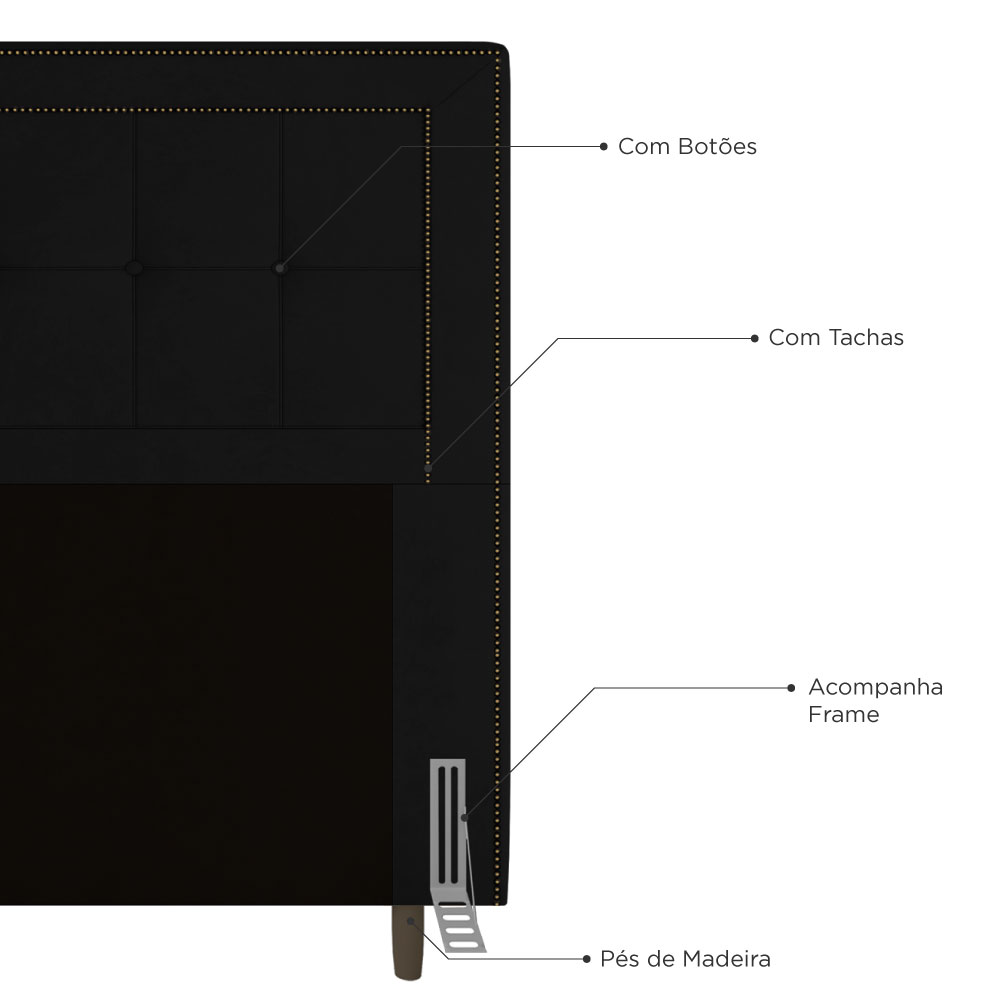 Cabeceira Cama Box Casal Queen Size Luxor 160cm com Tachas e Frame Corano Preto - Desk Design