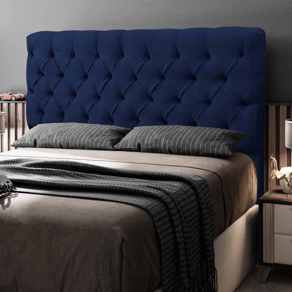 Cabeceira Cama Box Casal Queen Size Lylla 160cm Capitonê com Frame Suede Azul Marinho - Desk Design