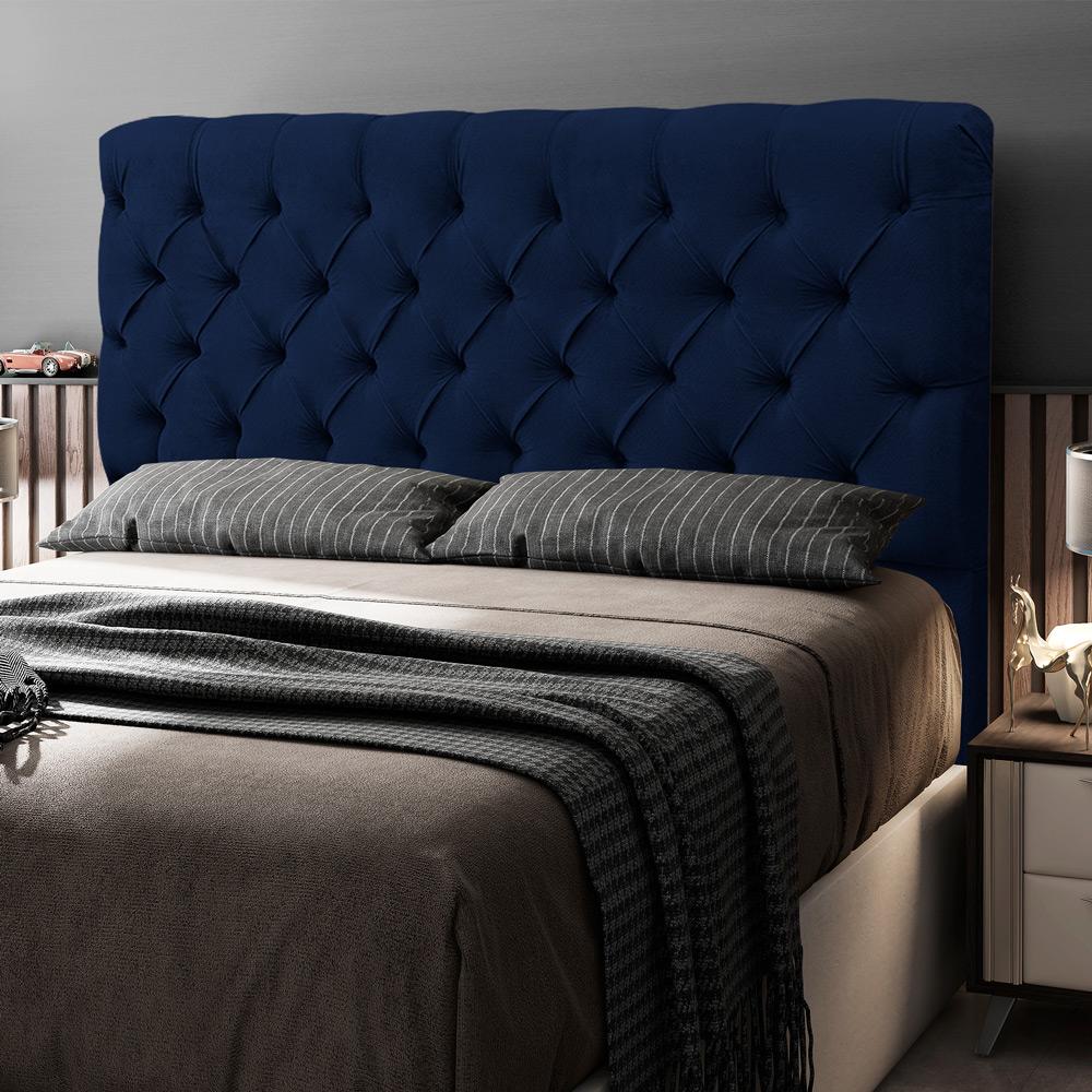 Cabeceira Cama Box Casal Queen Size Lylla 160cm Capitonê com Frame Veludo Azul Marinho - Desk Design