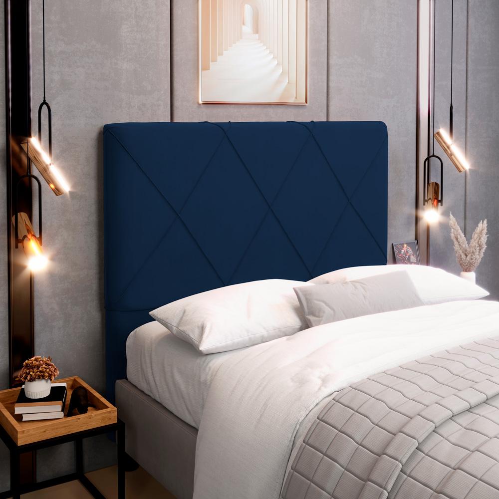 Cabeceira Cama Box Casal Queen Size Mel 160cm com Frame Veludo Azul Marinho - Desk Design