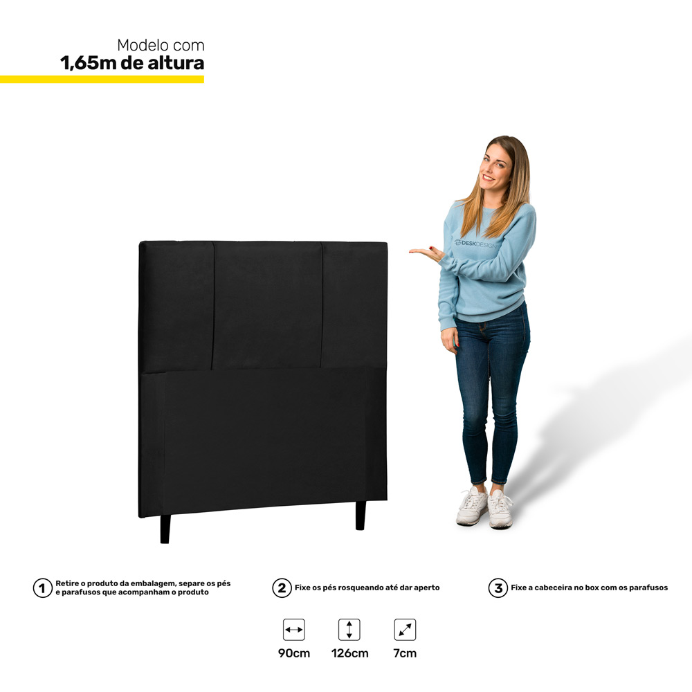 Cabeceira Cama Box Solteiro Donna 90cm Suede Preto - Desk Design