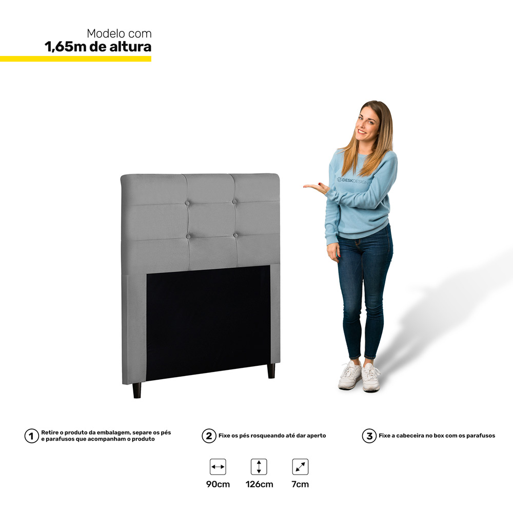 Cabeceira Cama Box Solteiro Luna 90cm Suede Cinza - Desk Design