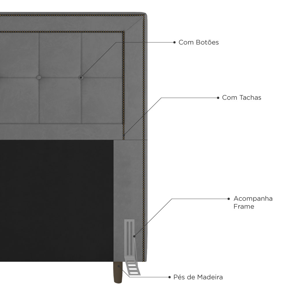Cabeceira Cama Box Solteiro Luxor 90cm com Tachas e Frame Suede Cinza - Desk Design