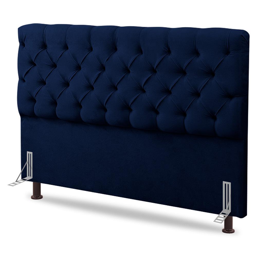 Cabeceira Cama Box Solteiro Lylla 90cm Capitonê com Frame Veludo Azul Marinho - Desk Design