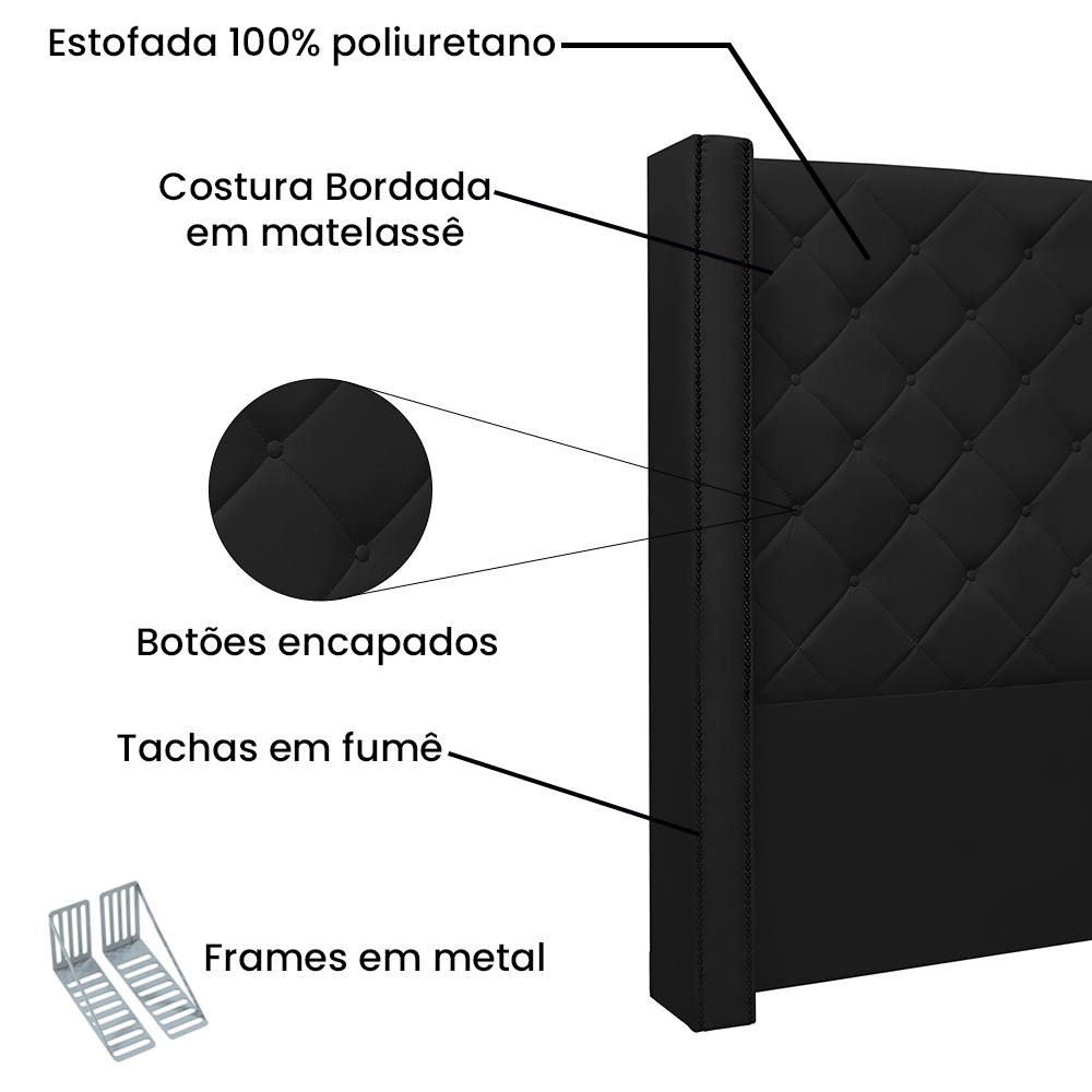 Cabeceira Estofada Cama Box Casal Queen Size Alteza 160cm Corano Preto - Desk Design