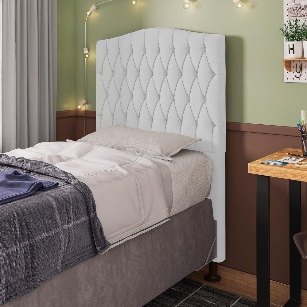 Cabeceira Estofada Cama Box Solteiro Greta 90cm com Frame Corano Branco - Desk Design