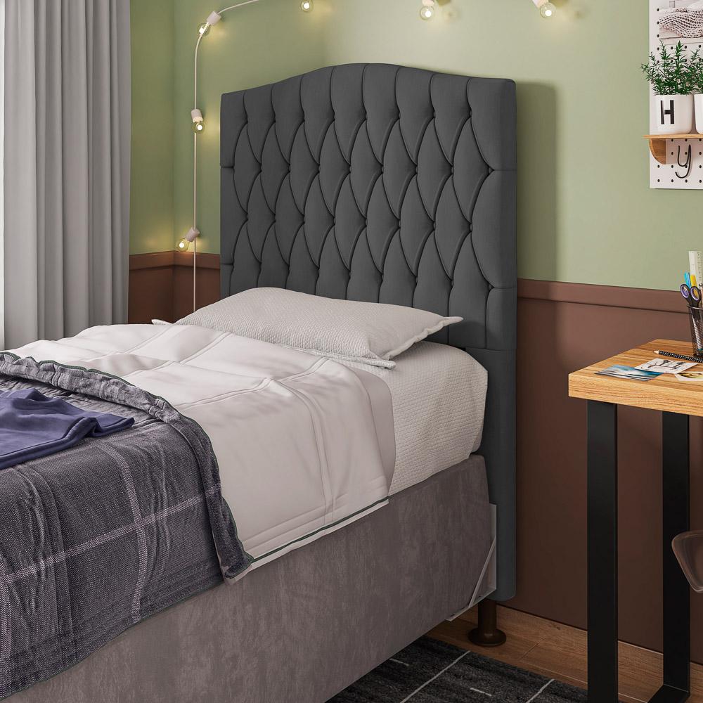 Cabeceira Estofada Cama Box Solteiro Greta 90cm com Frame Suede Cinza - Desk Design