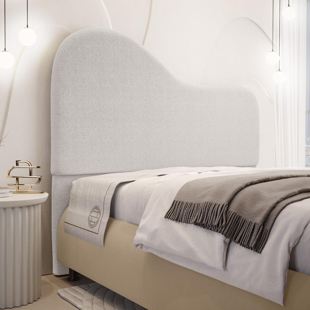 Cabeceira Orgânica Cama Box Casal Padrão Sea 140cm com Frame Bouclé Off White - Desk Design
