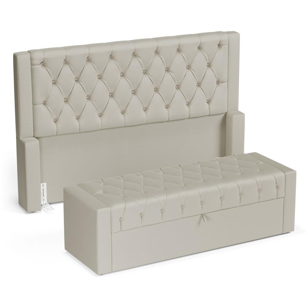 Cabeceira e Calçadeira Báu Casal Padrão Atena 140cm Capitonê Sintético Bege - Desk Design