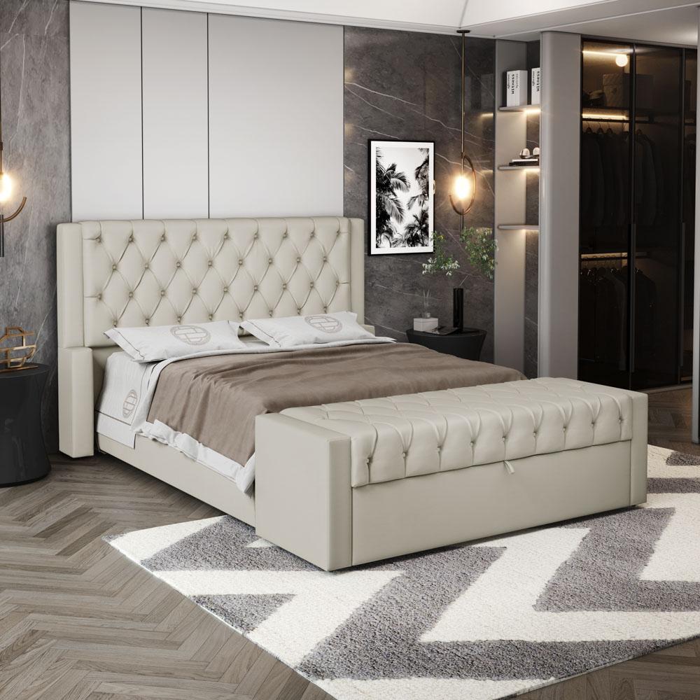 Cabeceira e Calçadeira Báu Casal Padrão Atena 140cm Capitonê Sintético Bege - Desk Design