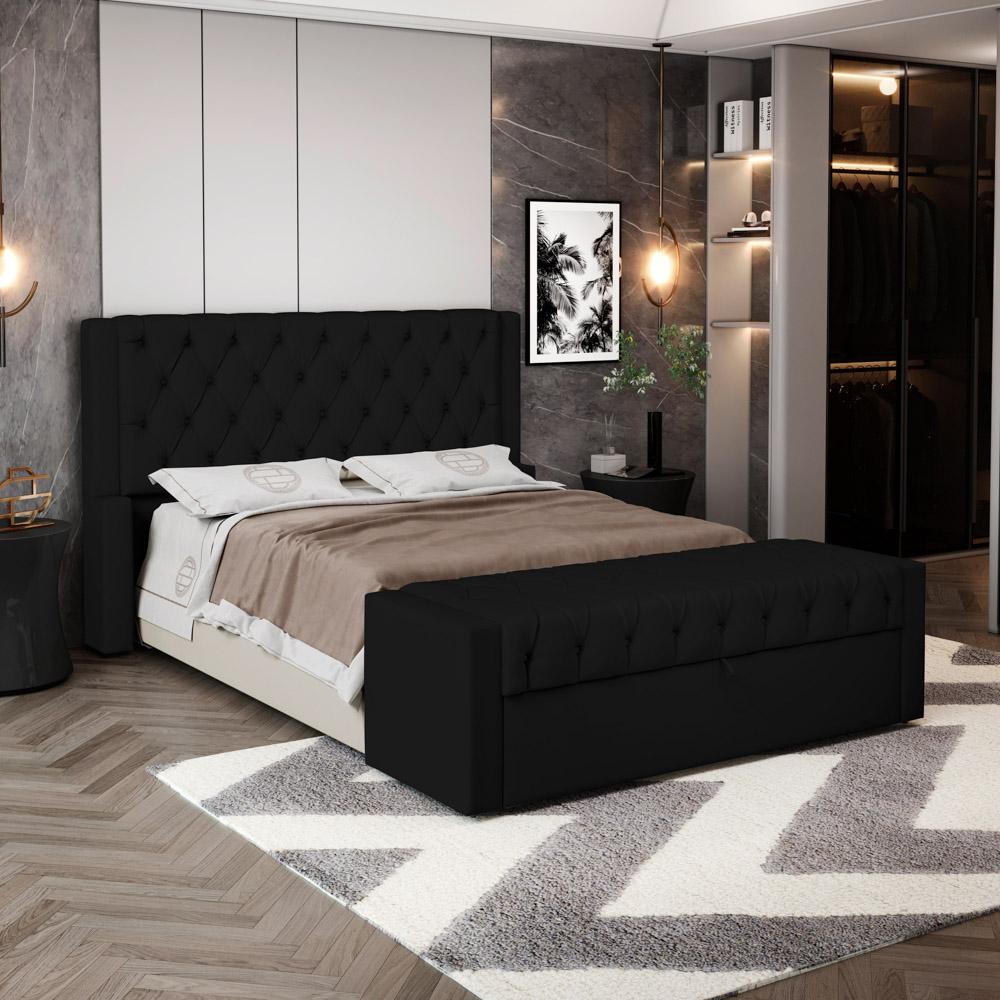 Cabeceira e Calçadeira Báu Casal Padrão Atena 140cm Capitonê Sintético Preto - Desk Design