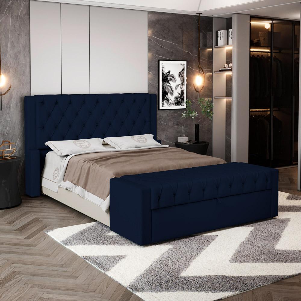 Cabeceira e Calçadeira Báu Casal Padrão Atena 140cm Capitonê Suede Azul Marinho - Desk Design