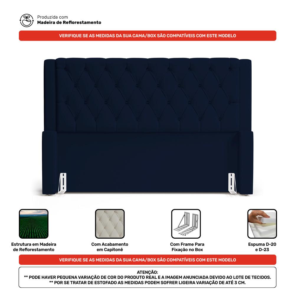 Cabeceira e Calçadeira Báu Casal Padrão Atena 140cm Capitonê Suede Azul Marinho - Desk Design