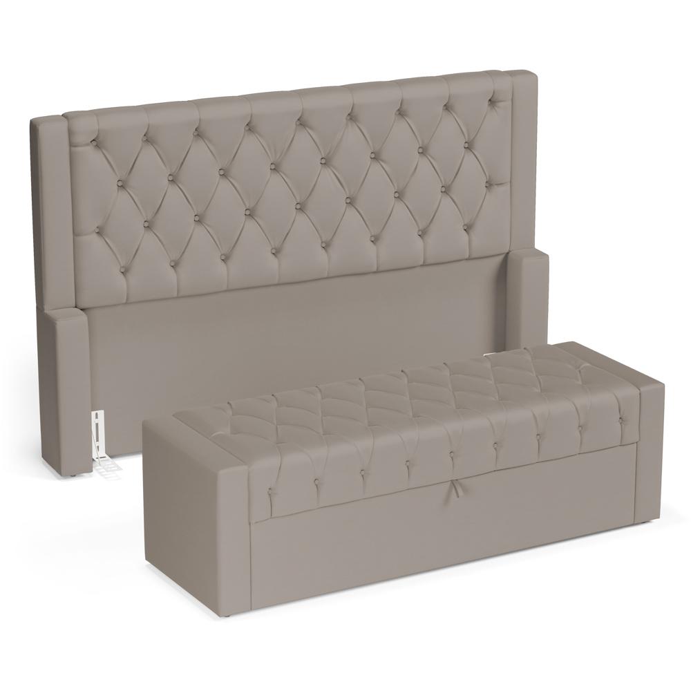 Cabeceira e Calçadeira Báu Casal Padrão Atena 140cm Capitonê Suede Bege - Desk Design