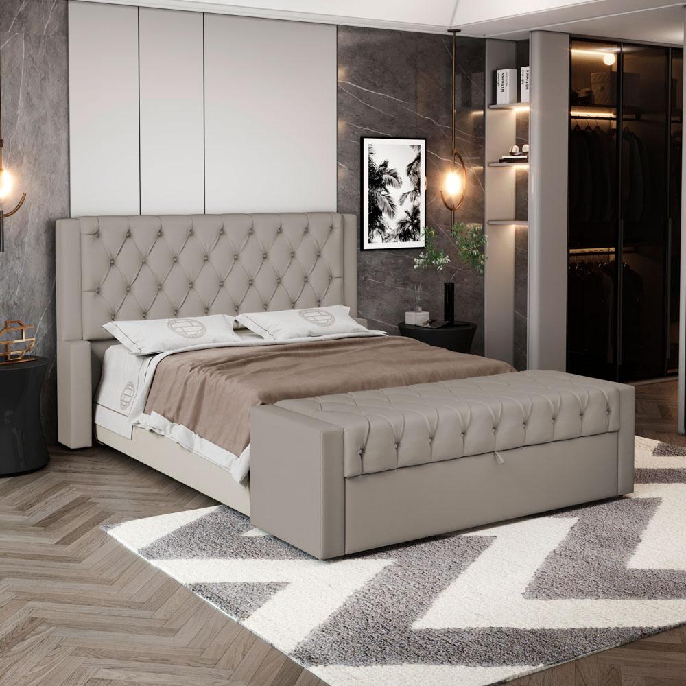 Cabeceira e Calçadeira Báu Casal Padrão Atena 140cm Capitonê Suede Bege - Desk Design