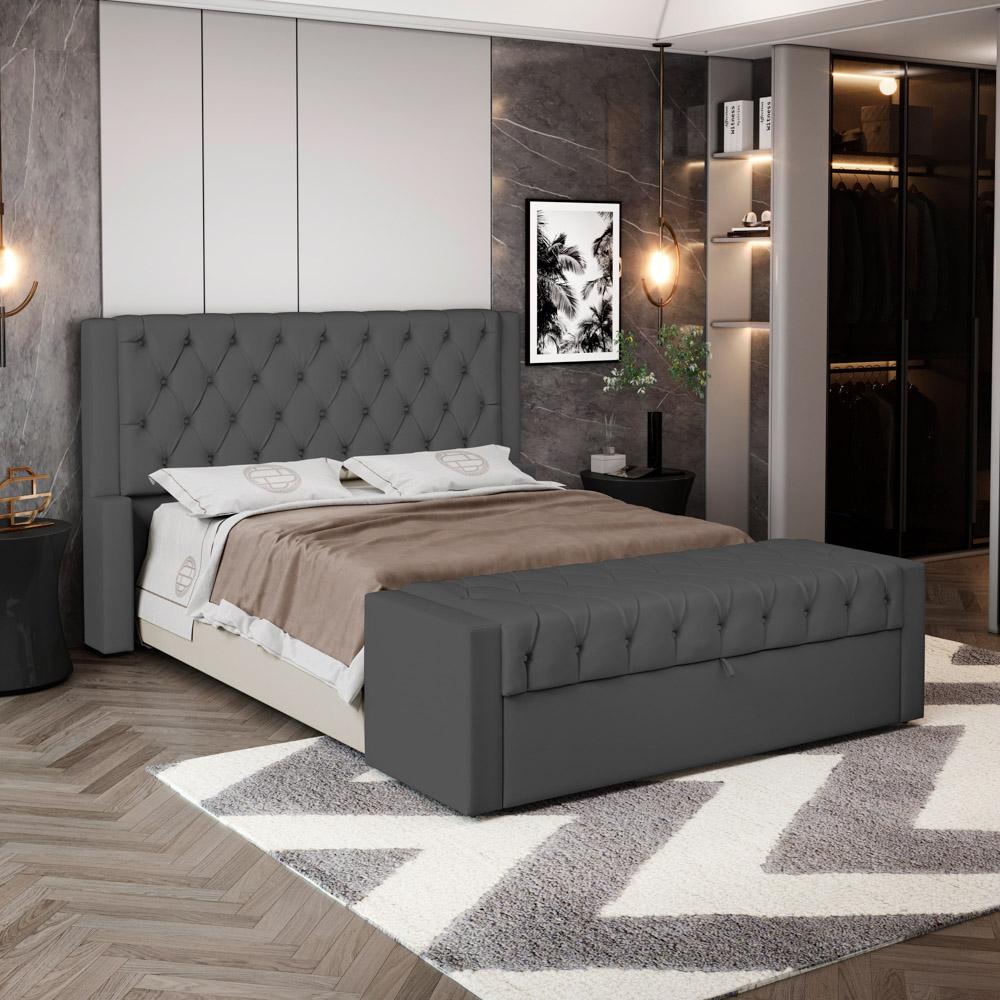 Cabeceira e Calçadeira Báu Casal Padrão Atena 140cm Capitonê Suede Cinza - Desk Design