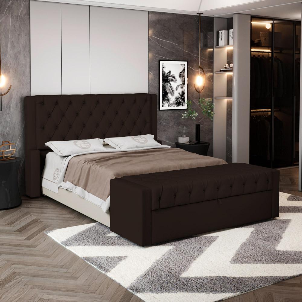 Cabeceira e Calçadeira Báu Casal Padrão Atena 140cm Capitonê Suede Marrom - Desk Design