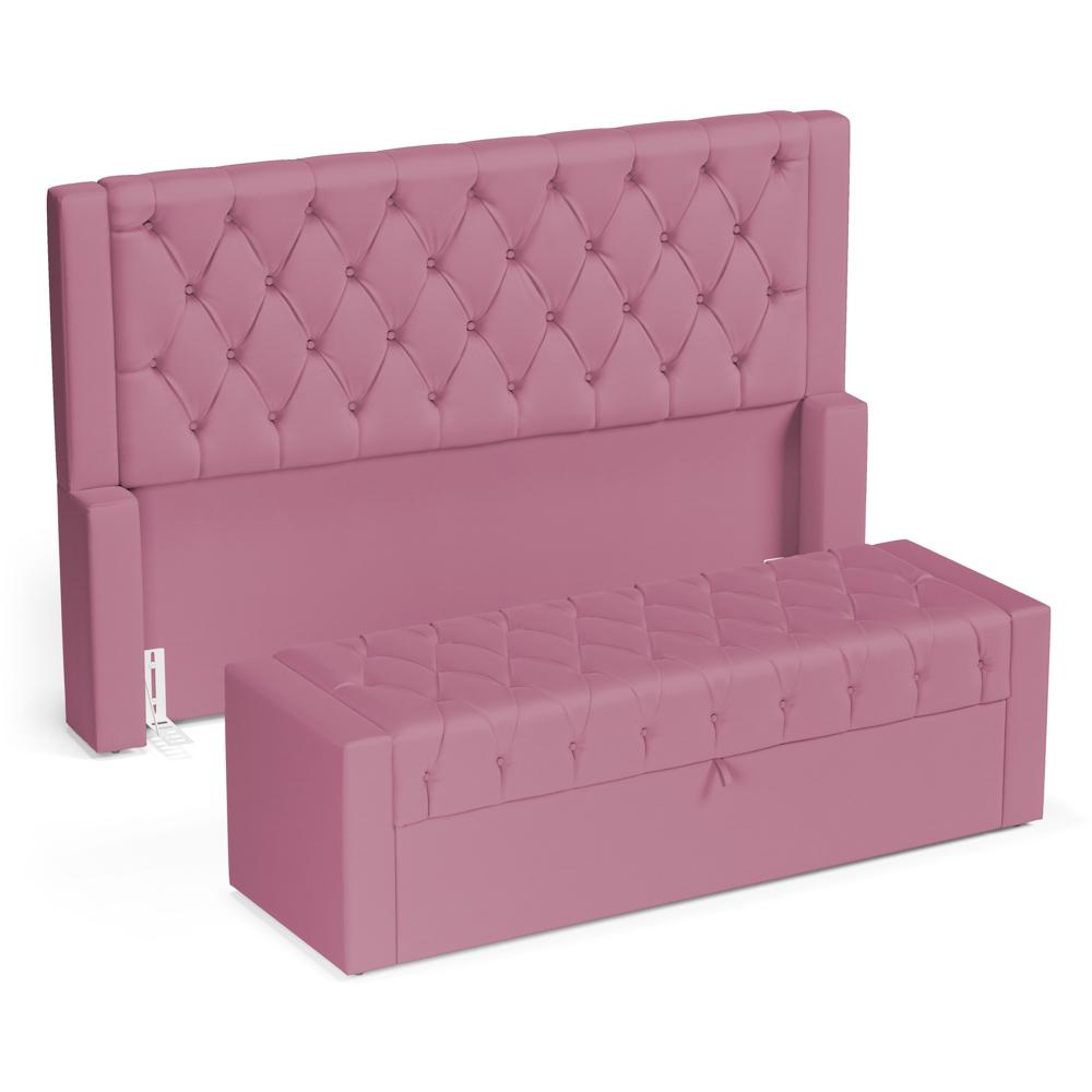 Cabeceira e Calçadeira Báu Casal Padrão Atena 140cm Capitonê Suede Rosa - Desk Design