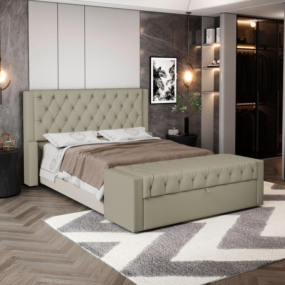 Cabeceira e Calçadeira Báu Casal Padrão Atena 140cm Capitonê Veludo Bege - Desk Design