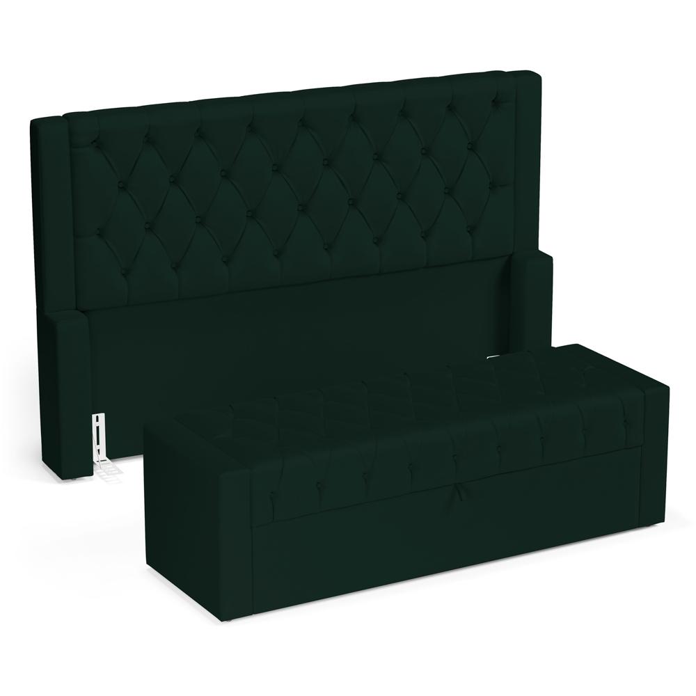 Cabeceira e Calçadeira Báu Casal Padrão Atena 140cm Capitonê Veludo Verde Escuro - Desk Design